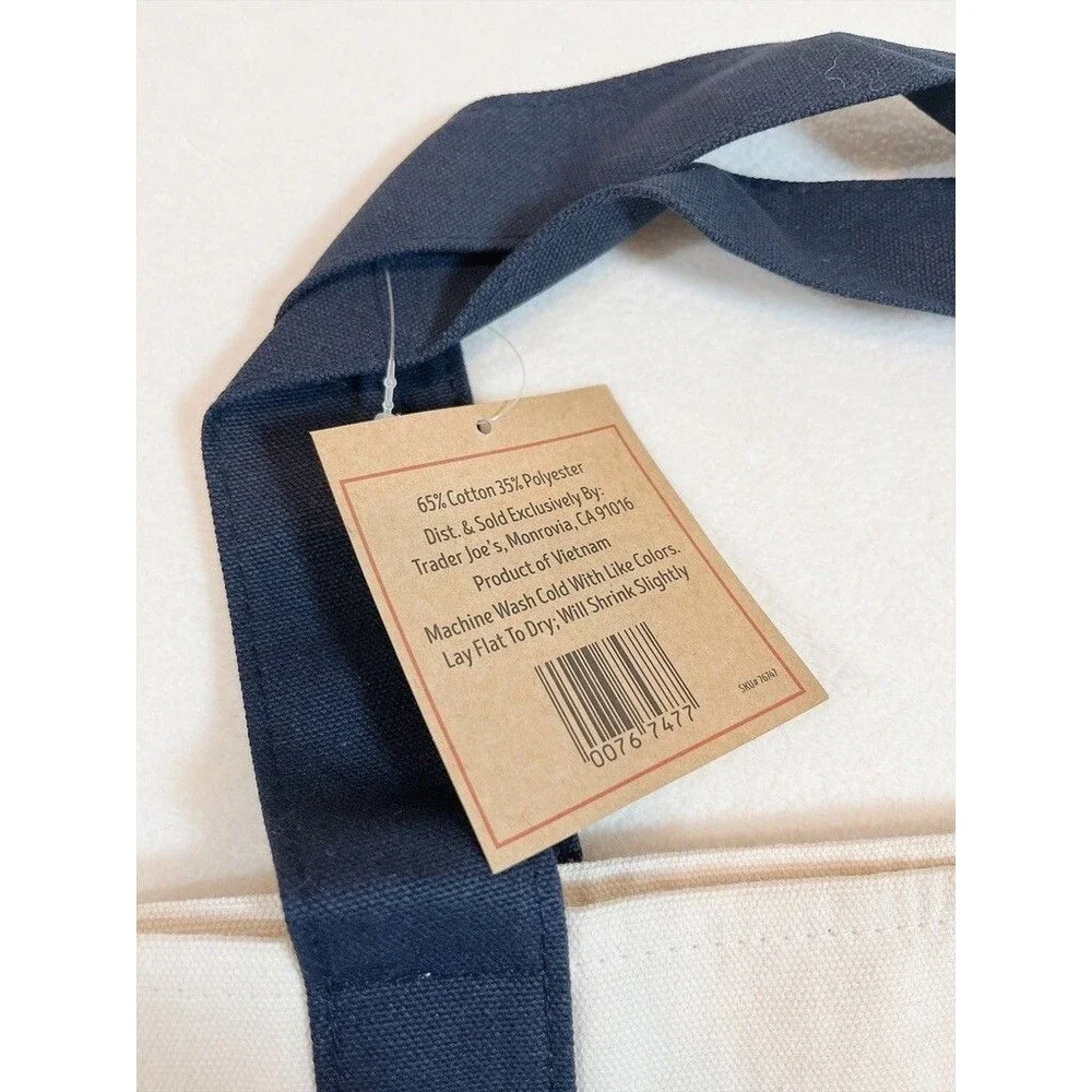 Trader Joe's Navy Canvas Mini Tote Bag Embroidered Double Handles NWT